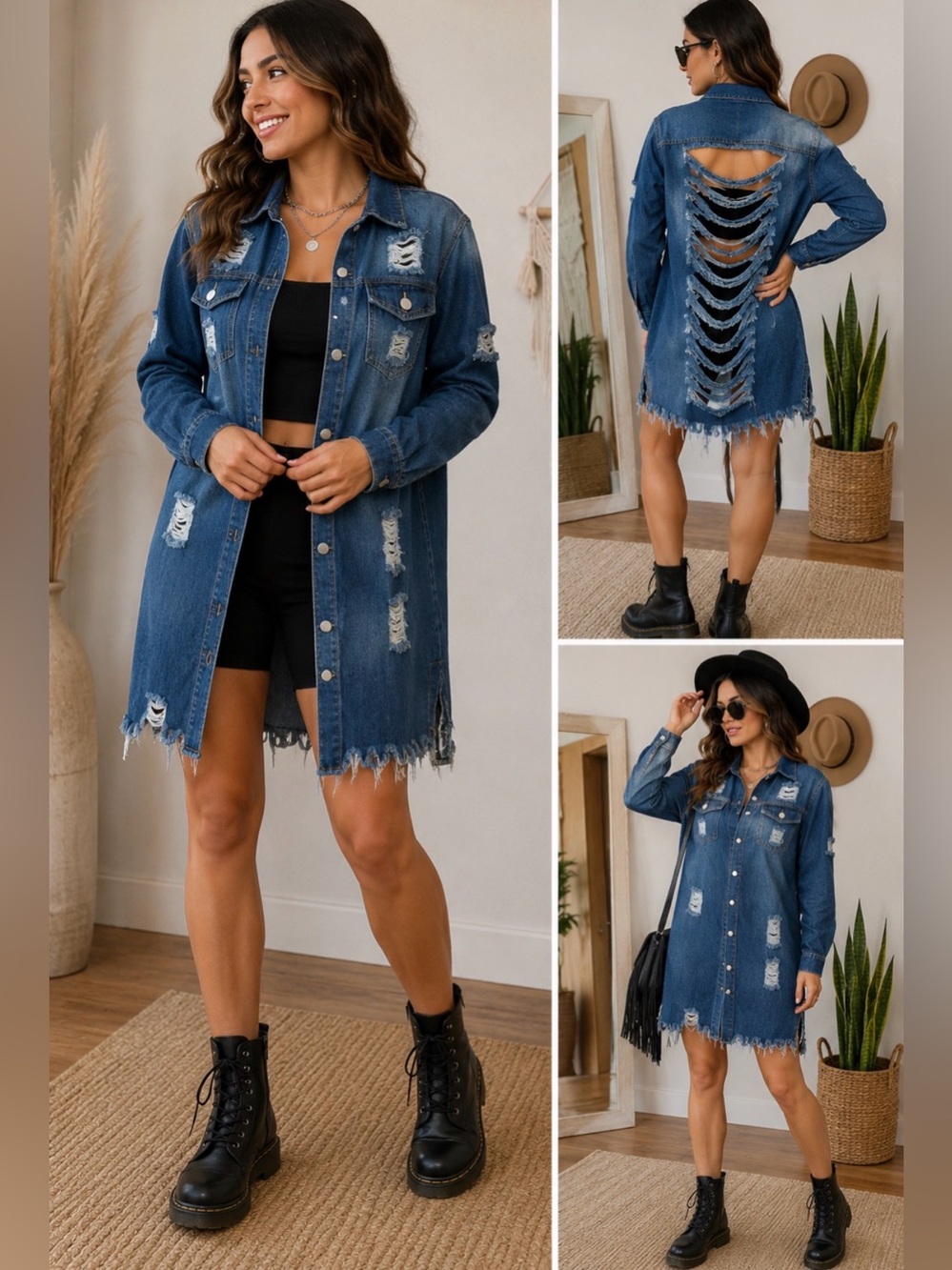 128 Distressed Long Denim Jacket Coat - Dark Blue